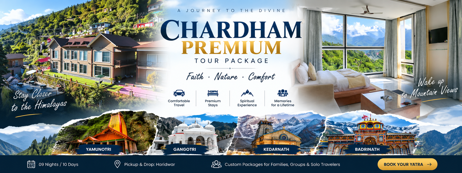 Chardham Premium Tour Package — Himalayan stays, mountain-view room, Yamunotri, Gangotri, Kedarnath and Badrinath